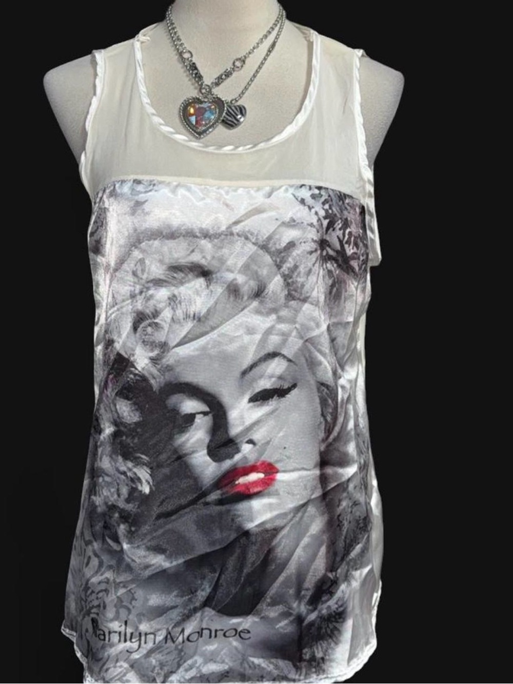 Forever 21 Marilyn Monroe Satin Graphic Tank Top - White with Red Accent